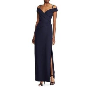 New. Lauren Ralph Lauren Beaded Cold-shoulder Gown In Navy Size 10